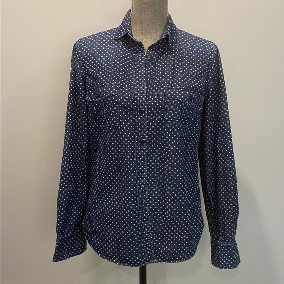J.Crew Polka Dot Button Down Shirt Navy Cotton Denim Size 6 Women’s - Picture 4 of 14
